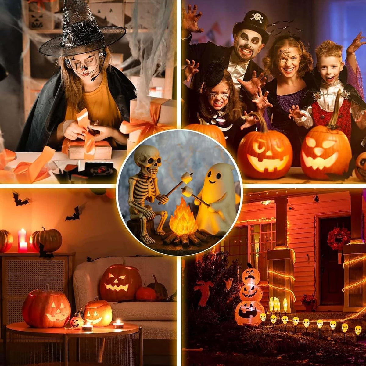 Halloween Night Light Decor With Skeleton And Ghost Roasting Marshmallows Over Bonfire - Image 4