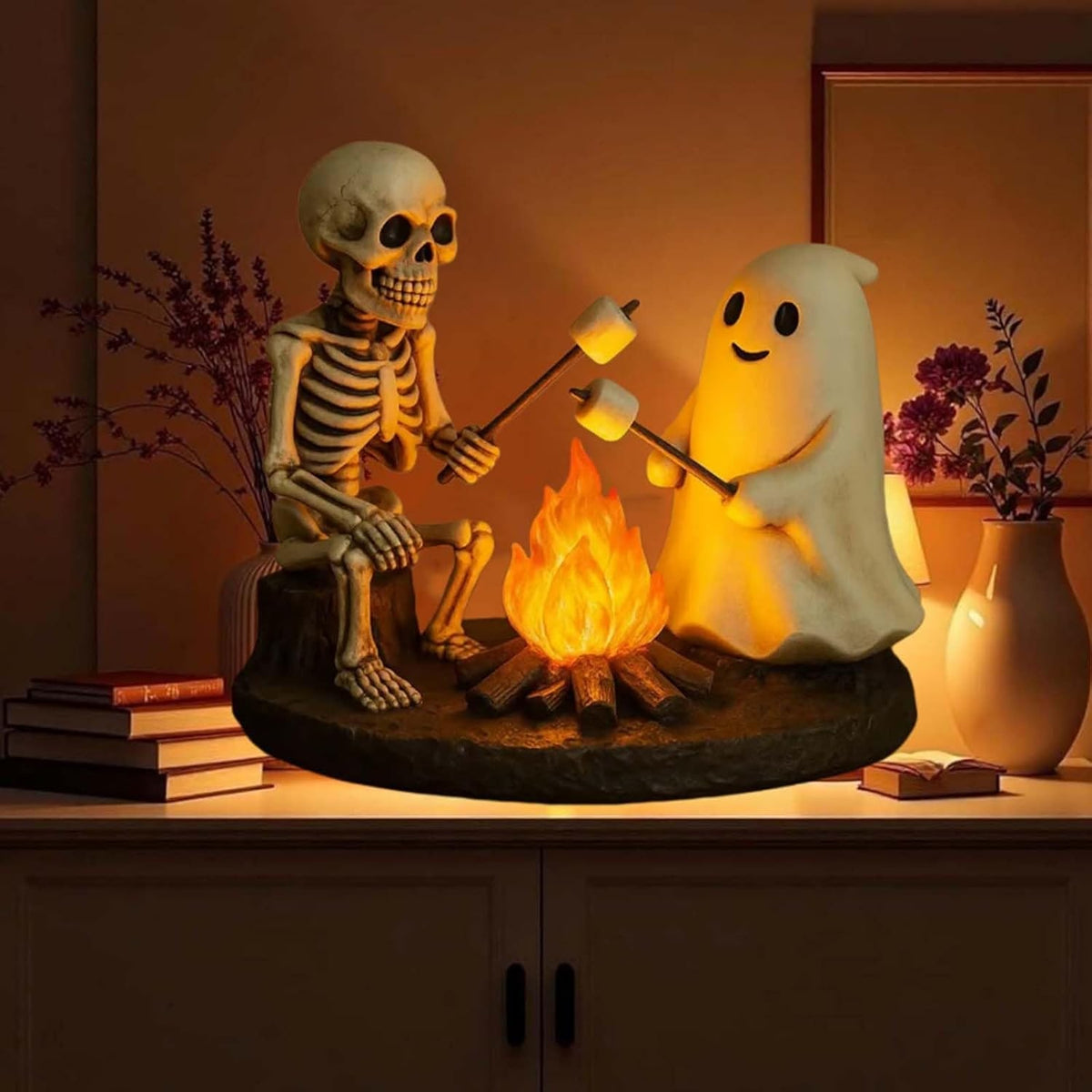Halloween Night Light Decor With Skeleton And Ghost Roasting Marshmallows Over Bonfire - Image 5