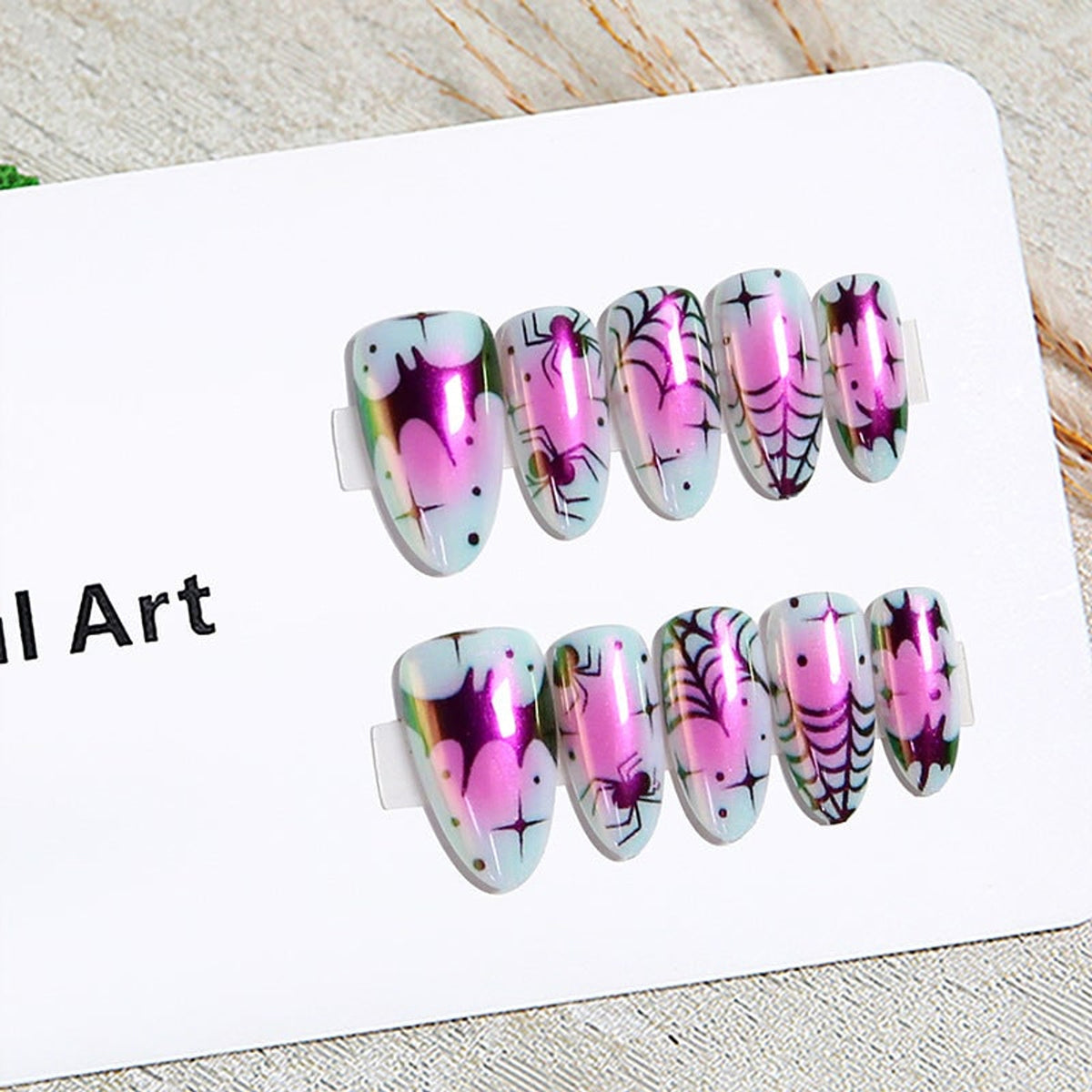 Halloween Press On Nails Art Fake With Bats Spiders And Spiderweb Designs - Image 3