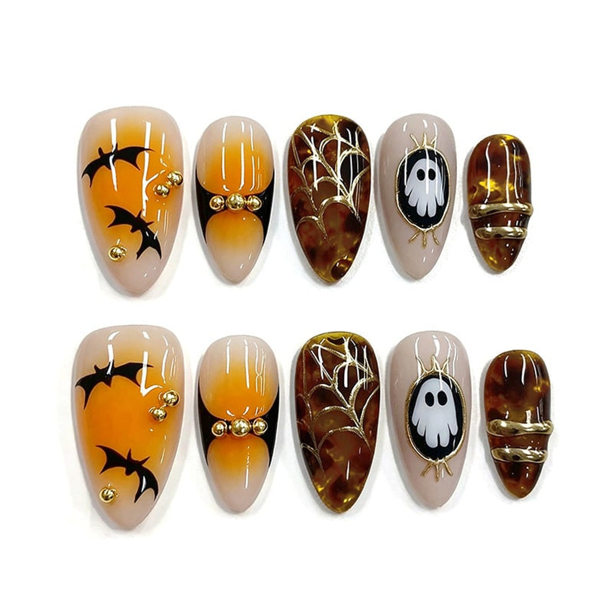 Halloween Press On Nails Art Set With Bats Ghosts And Spiderweb Designs In Orange Brown And Beige - Image 1