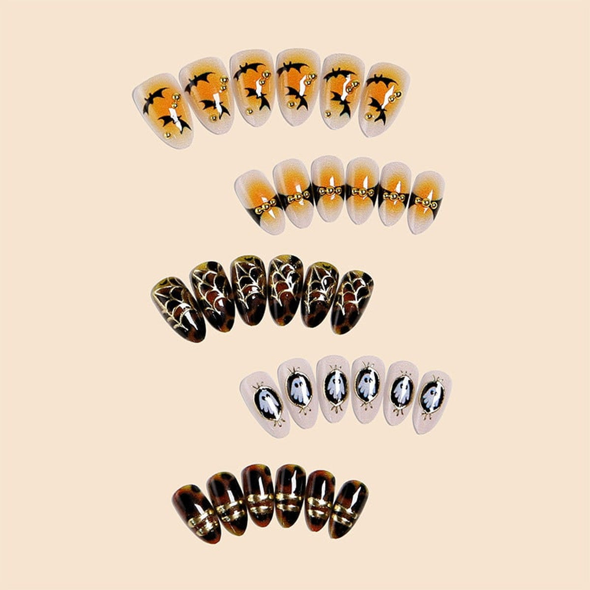 Halloween Press On Nails Art Set With Bats Ghosts And Spiderweb Designs In Orange Brown And Beige - Image 2