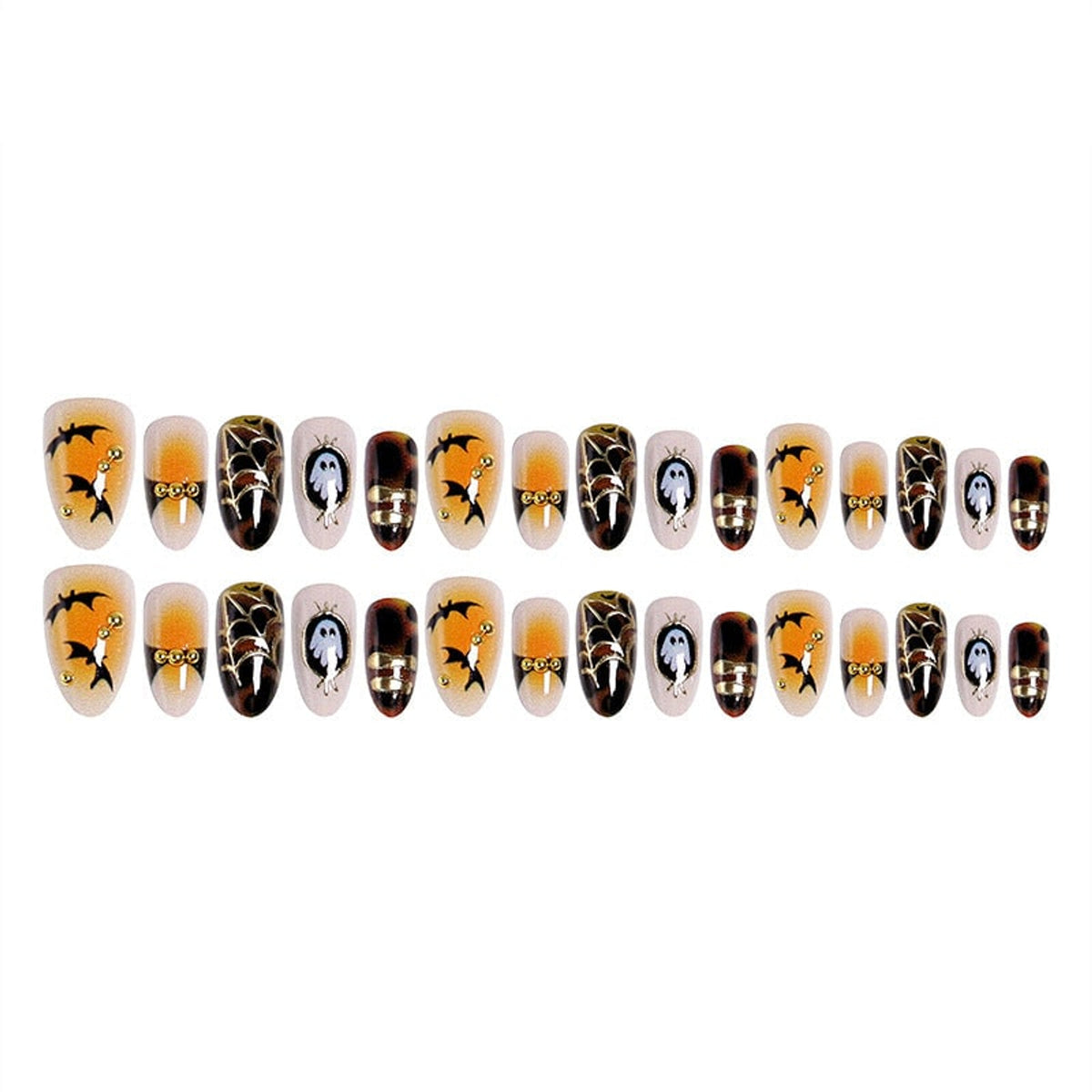 Halloween Press On Nails Art Set With Bats Ghosts And Spiderweb Designs In Orange Brown And Beige - Image 5