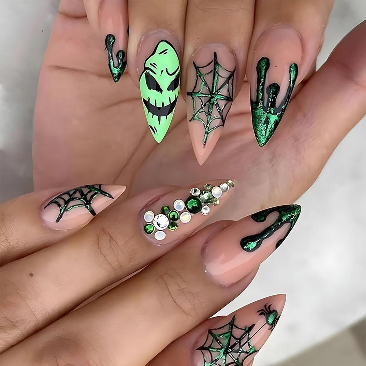 Halloween Press On Nails Art With 24 Almond Shaped Fake Featuring Spiderweb Ghost And Glitter Designs - Image 3