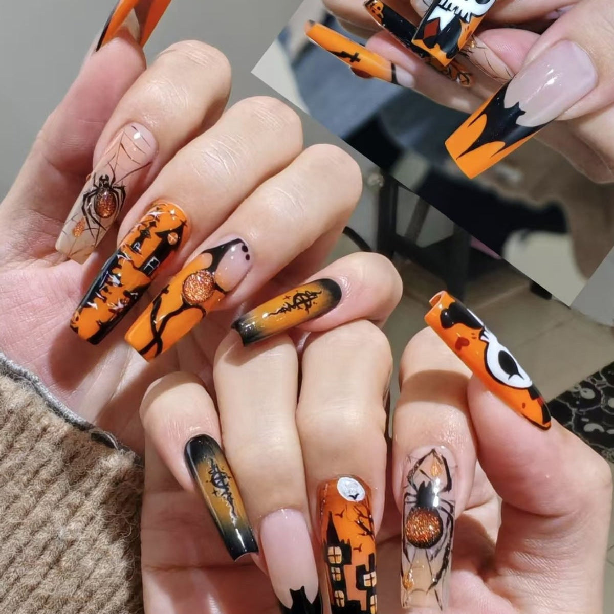 Halloween Press On Nails Coffin Shaped Fake With Spiders Bats Skulls And Haunted House Designs - Image 1
