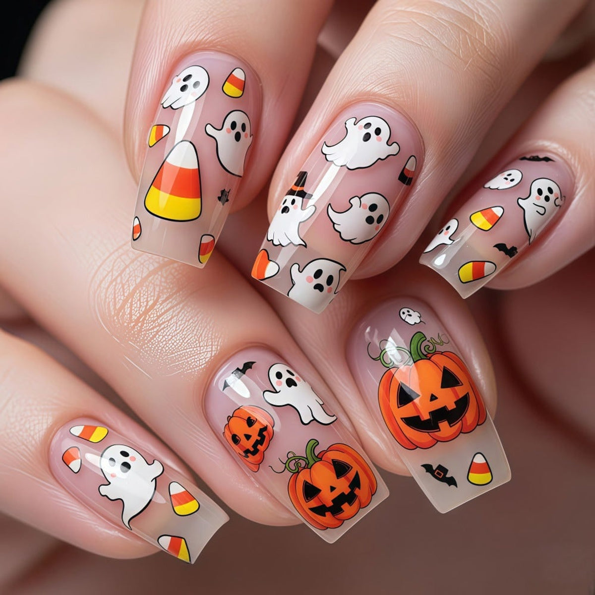 Halloween Press On Nails Fake Reusable With Ghost Pumpkin And Candy Corn Designs - Image 1