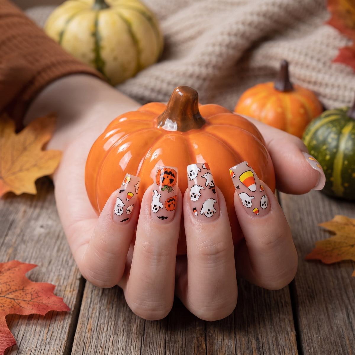 Halloween Press On Nails Fake Reusable With Ghost Pumpkin And Candy Corn Designs - Image 2