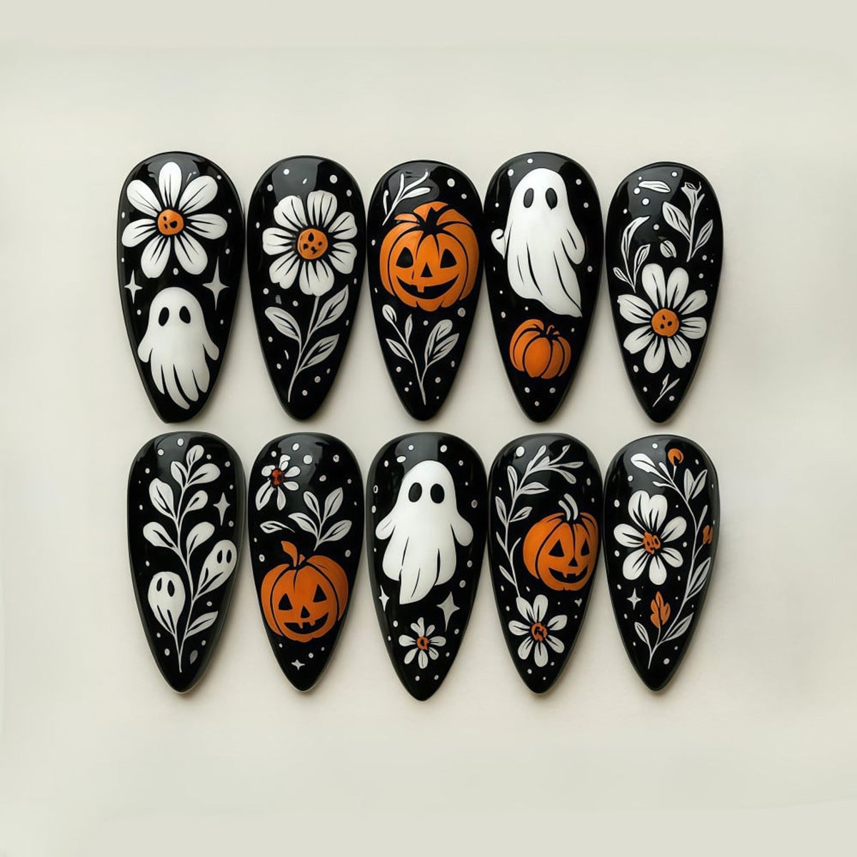 Halloween Press On Nails In Black White Orange With Ghost Pumpkin Floral Art Designs Almond Shaped Fake Tips - Image 1
