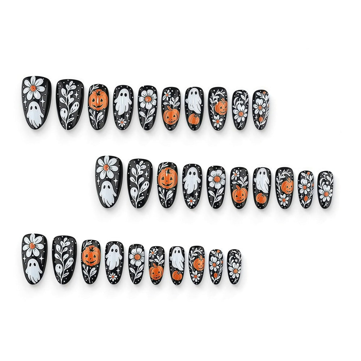 Halloween Press On Nails In Black White Orange With Ghost Pumpkin Floral Art Designs Almond Shaped Fake Tips - Image 3