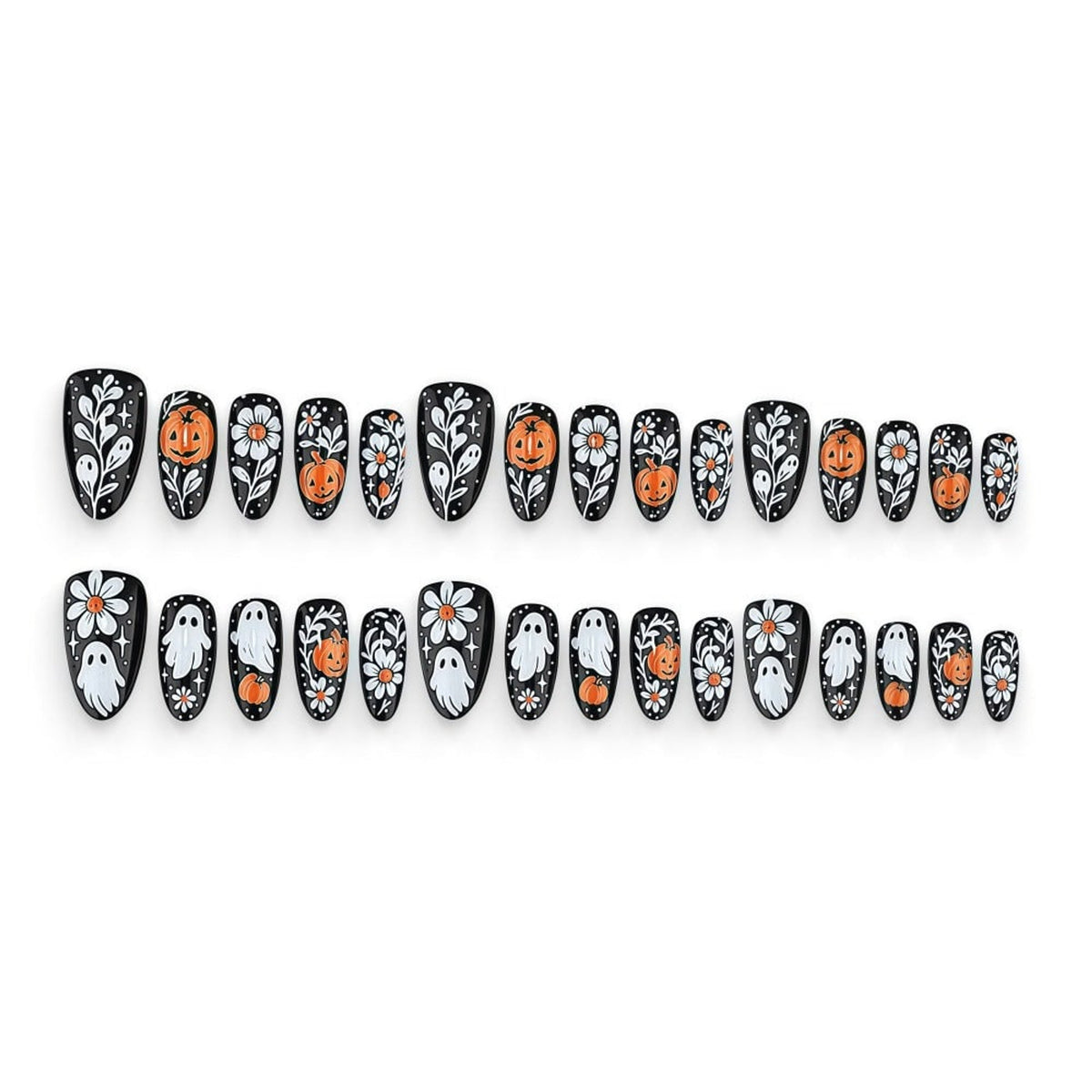 Halloween Press On Nails In Black White Orange With Ghost Pumpkin Floral Art Designs Almond Shaped Fake Tips - Image 5