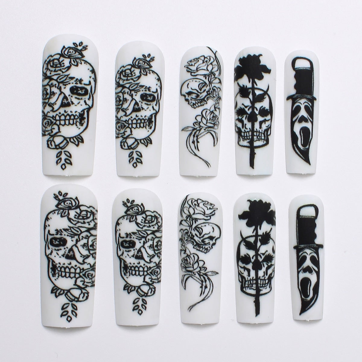 Halloween Press On Nails Long Coffin Shape Skull And Ghostface Designs - Image 1