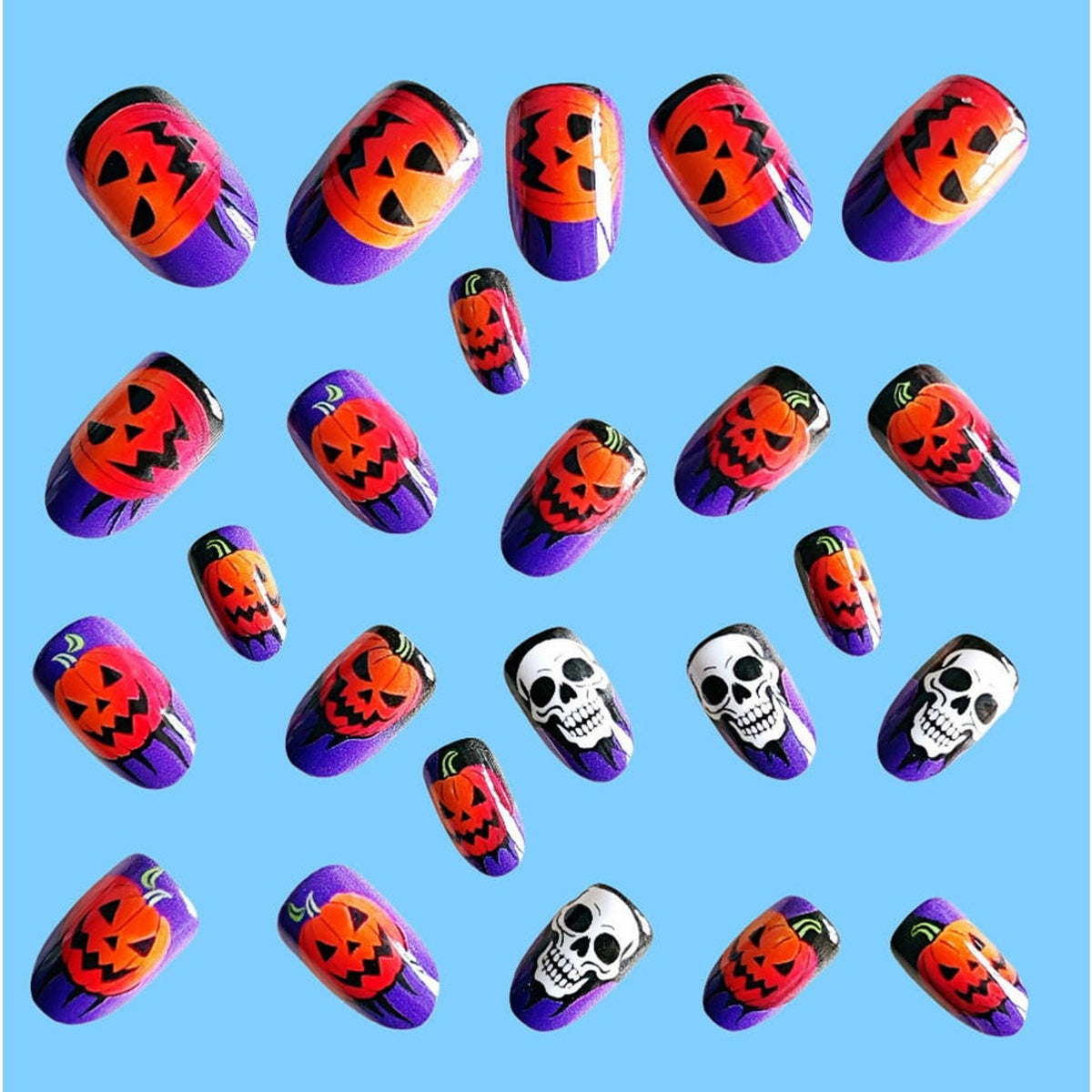 Halloween Press On Nails Purple Orange Pumpkin Skull Designs Fake Art Tips - Image 4