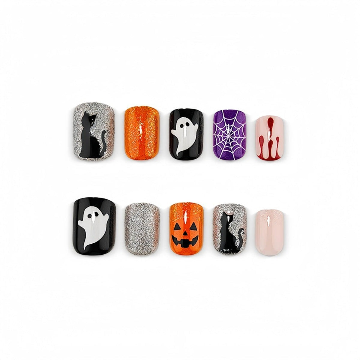 Halloween Press On Nails Set With Spooky Ghost Pumpkin Spiderweb And Black Cat Designs - Image 4