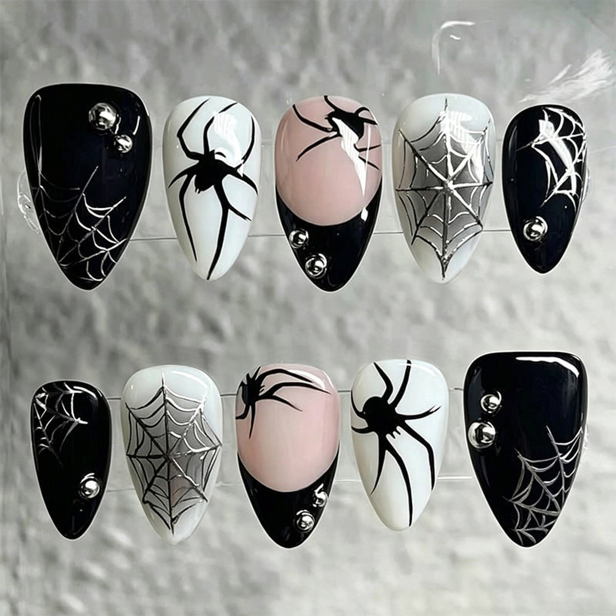 Halloween Press On Nails Spider Web Design Almond Fake Art Set With Silver Studs - Image 1