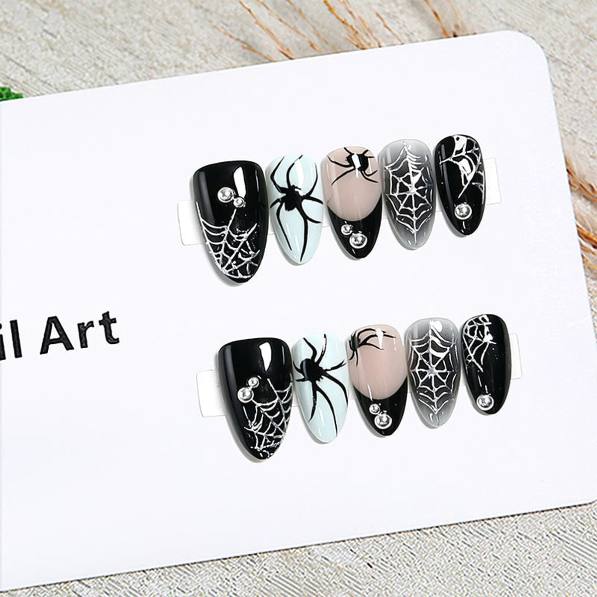 Halloween Press On Nails Spider Web Design Almond Fake Art Set With Silver Studs - Image 3