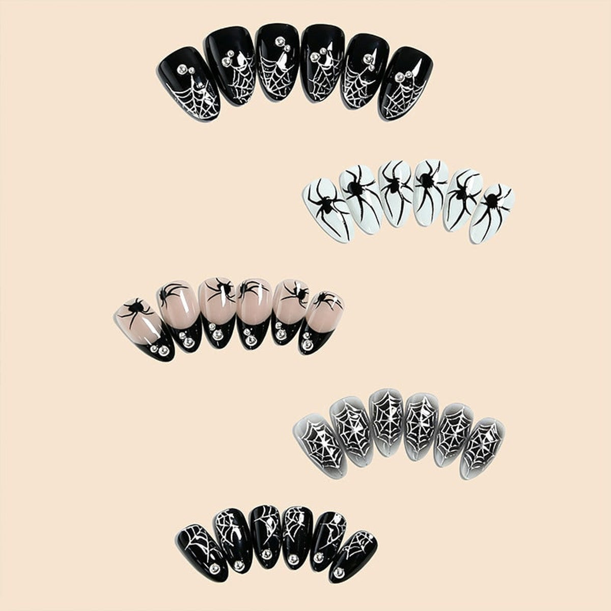 Halloween Press On Nails Spider Web Design Almond Fake Art Set With Silver Studs - Image 2