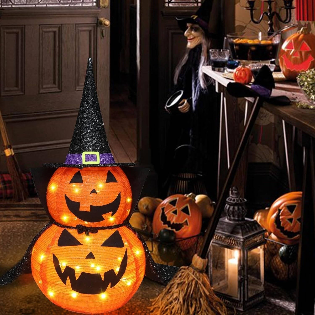 Halloween Pumpkin Decoration Lighted Witch Stacked Set For Outdoor Garden Decor Warm White Lights - Image 3