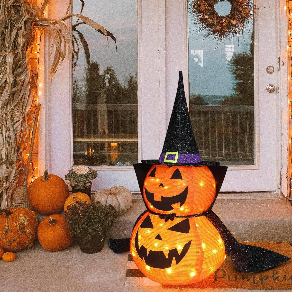 Halloween Pumpkin Decoration Lighted Witch Stacked Set For Outdoor Garden Decor Warm White Lights - Image 4