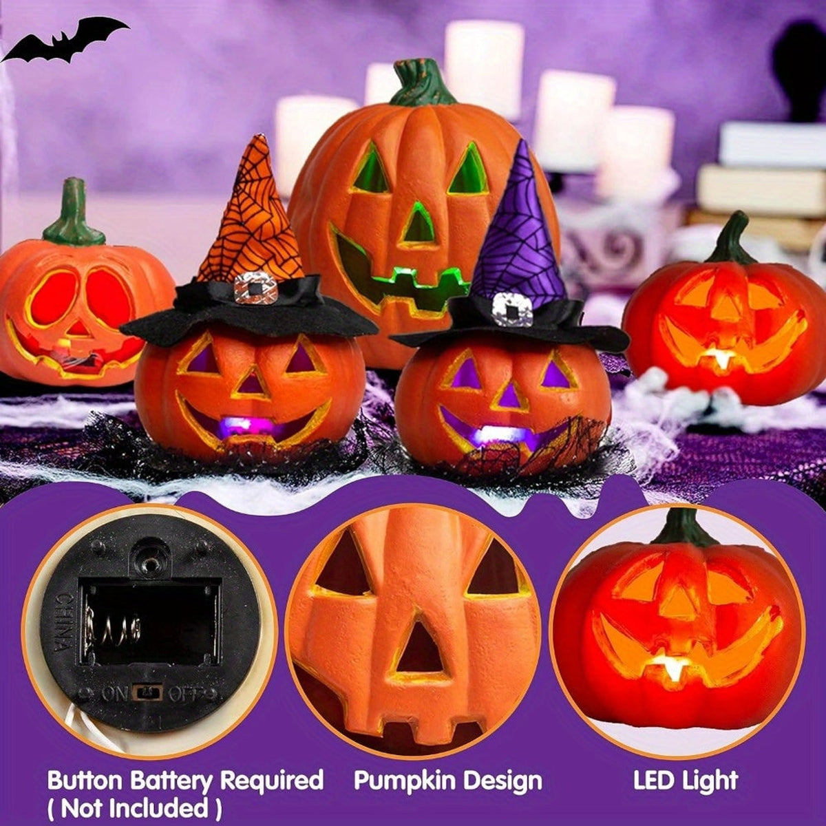 Halloween Pumpkin Light Up Pumpkins LED Jack O'lantern Collection Battery Operated Cord-Free Design Soft Spooky Glow Halloween Decor - Image 2