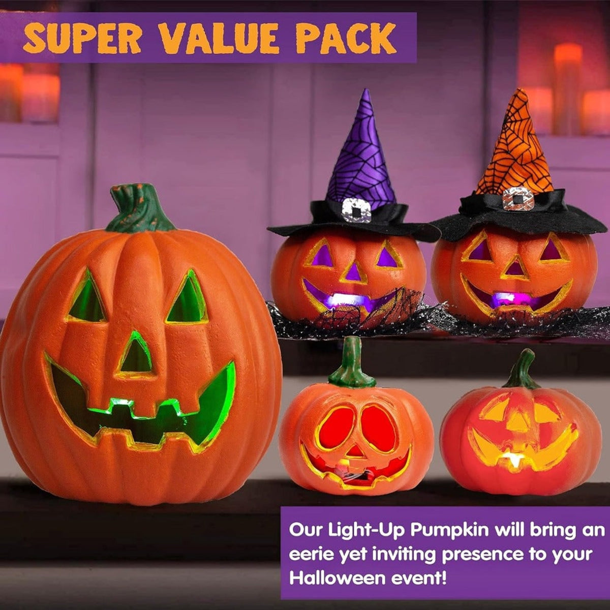 Halloween Pumpkin Light Up Pumpkins LED Jack O'lantern Collection Battery Operated Cord-Free Design Soft Spooky Glow Halloween Decor - Image 4