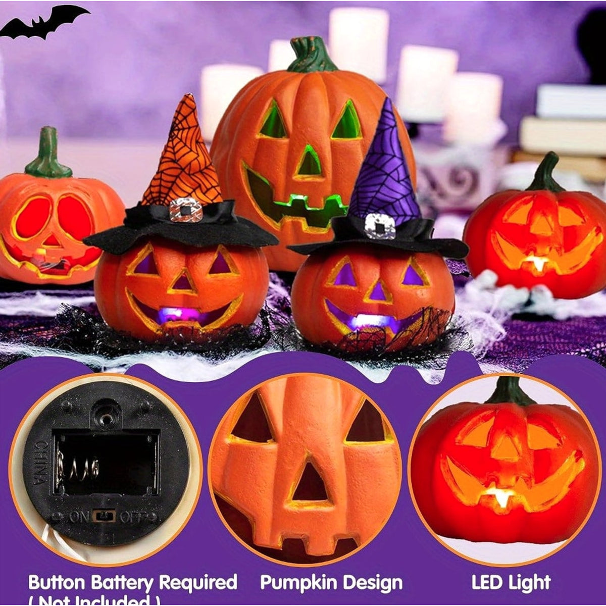 Halloween Pumpkin Light Up Pumpkins LED Jack O'lantern Collection Battery Operated Cord-Free Design Soft Spooky Glow Halloween Decor - Image 6