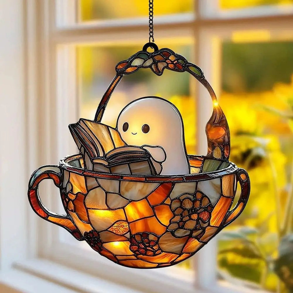 Halloween Suncatcher Ghost Reading Book In Teacup Stained Glass Window Hanging Decoration With Sunlight-Reactive Color Effect For Halloween Decor - Image 2