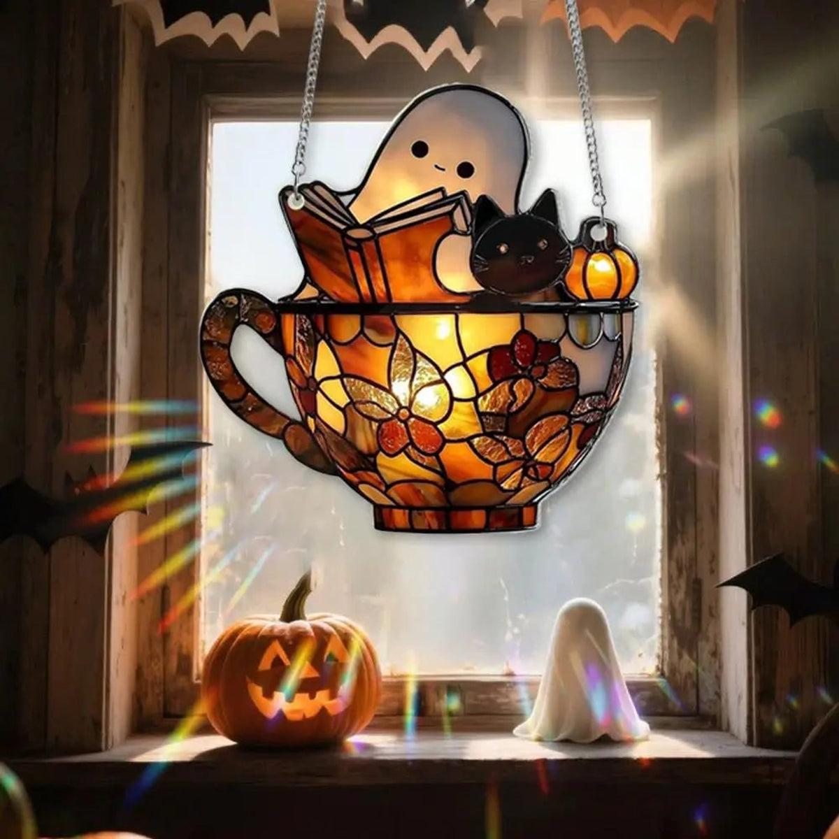 Halloween Suncatcher Ghost Reading Book In Teacup Stained Glass Window Hanging Decoration With Sunlight-Reactive Color Effect For Halloween Decor - Image 3