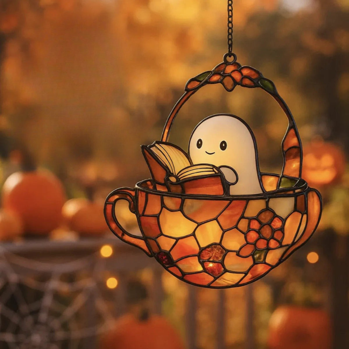 Halloween Suncatcher Ghost Reading Book In Teacup Stained Glass Window Hanging Decoration With Sunlight-Reactive Color Effect For Halloween Decor - Image 5