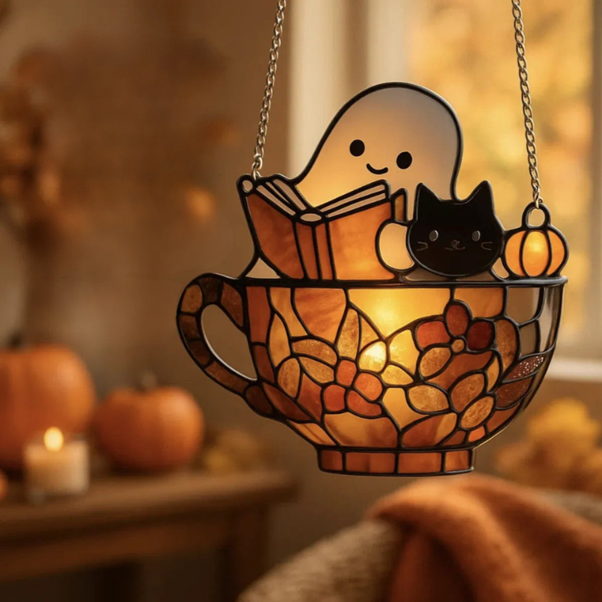 Halloween Suncatcher Ghost Reading Book In Teacup Stained Glass Window Hanging Decoration With Sunlight-Reactive Color Effect For Halloween Decor - Image 6