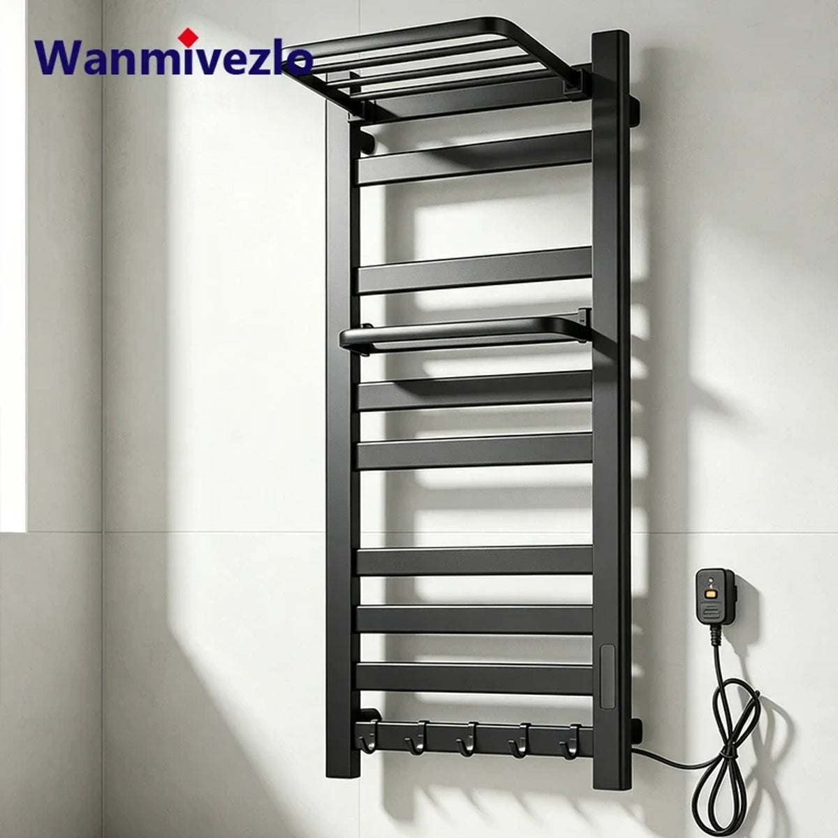 Heated Towel Rail Wall Mounted Electric Warmer With Top Storage Shelf And 5 Hooks Fast Heating - Image 1