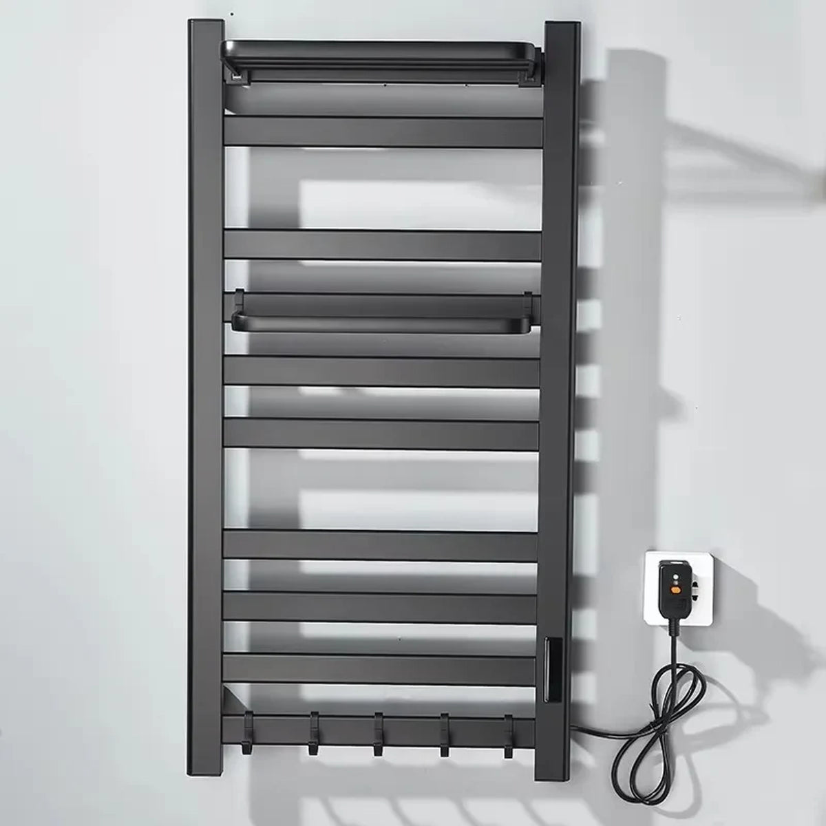 Heated Towel Rail Wall Mounted Electric Warmer With Top Storage Shelf And 5 Hooks Fast Heating - Image 2