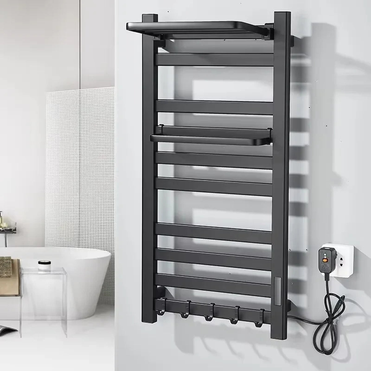 Heated Towel Rail Wall Mounted Electric Warmer With Top Storage Shelf And 5 Hooks Fast Heating - Image 7