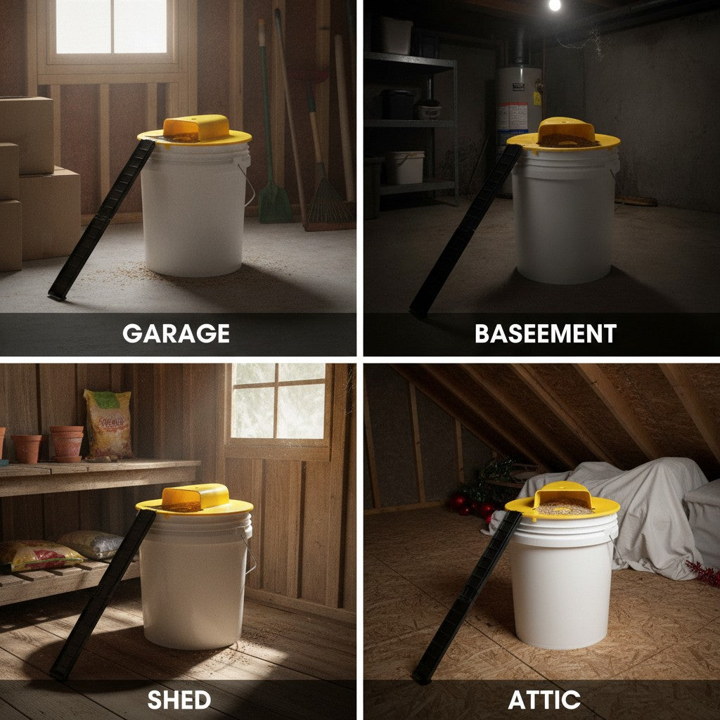 bucket mouse trap lid shown in multiple settings