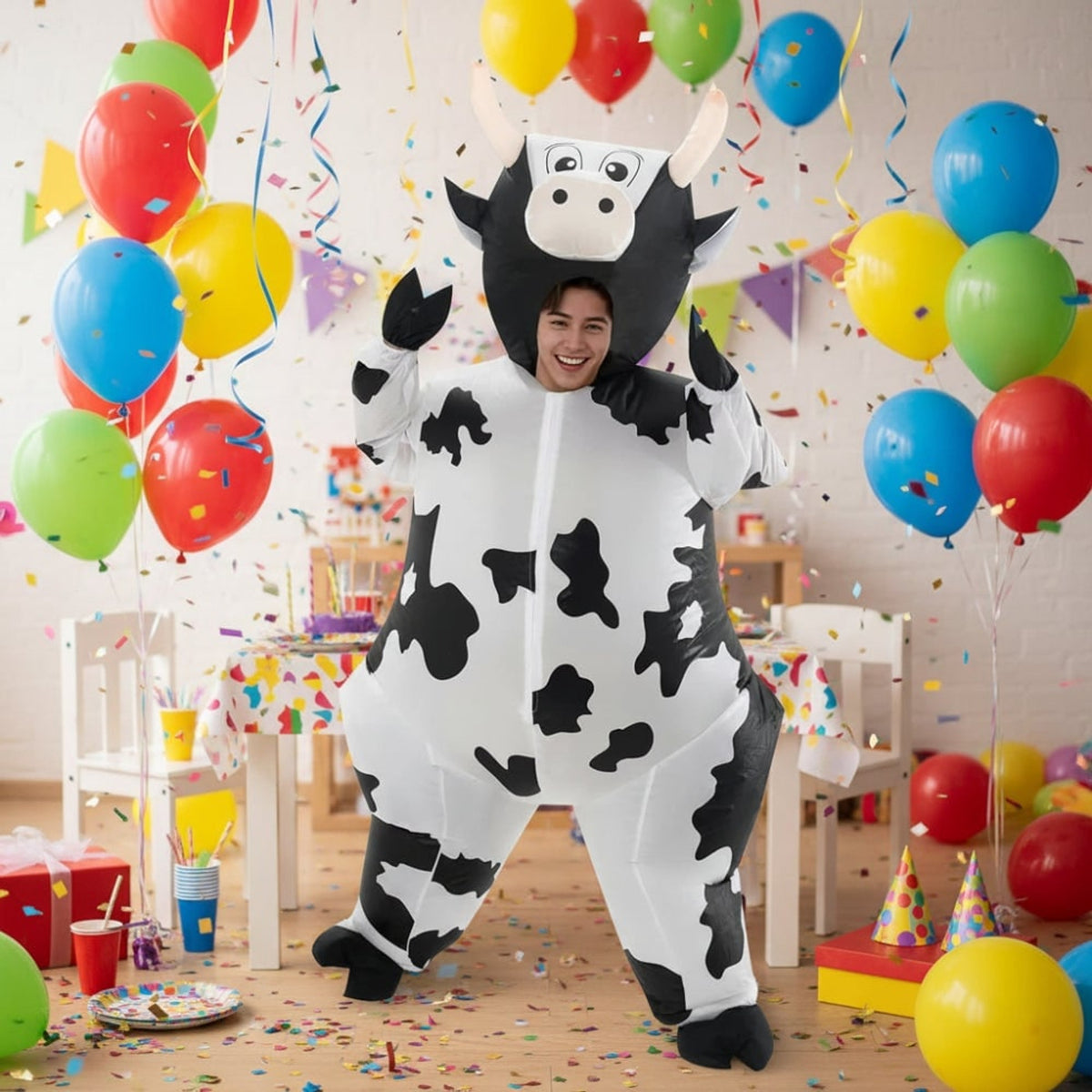 Inflatable Cow Costume For Halloween Animal Design Full-Body With Integrated Blower Fan Comfortable & Lightweight - Image 1