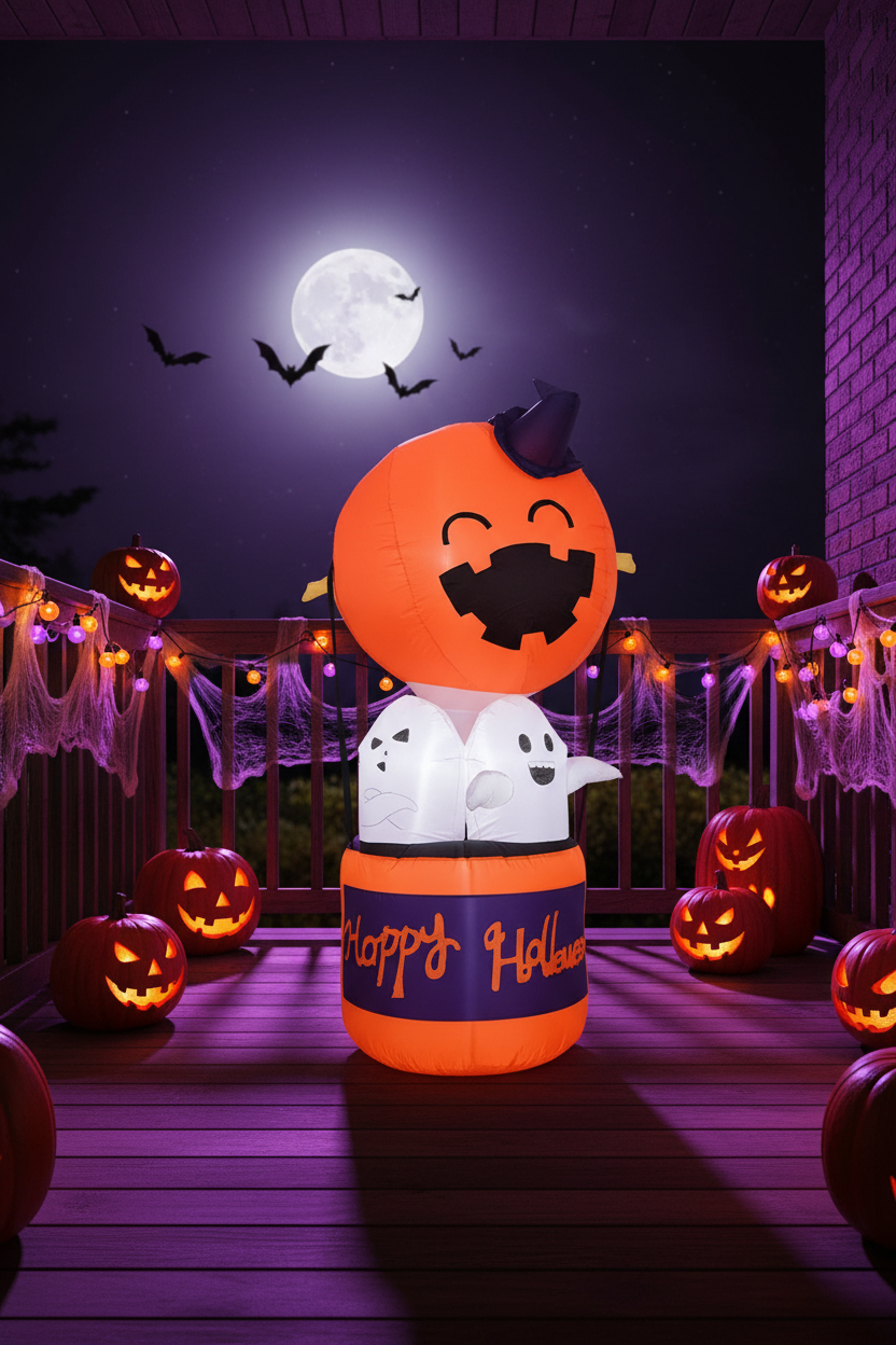 Inflatable Halloween Decoration Pumpkin And Ghosts In Basket Outdoor Yard Decor For Party - Image 1