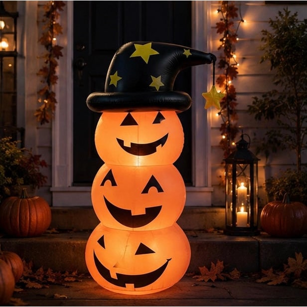 Inflatable Halloween Decoration Stacked Pumpkins With Witch Hat Orange Black Yellow Stars Outdoor Yard - Image 12