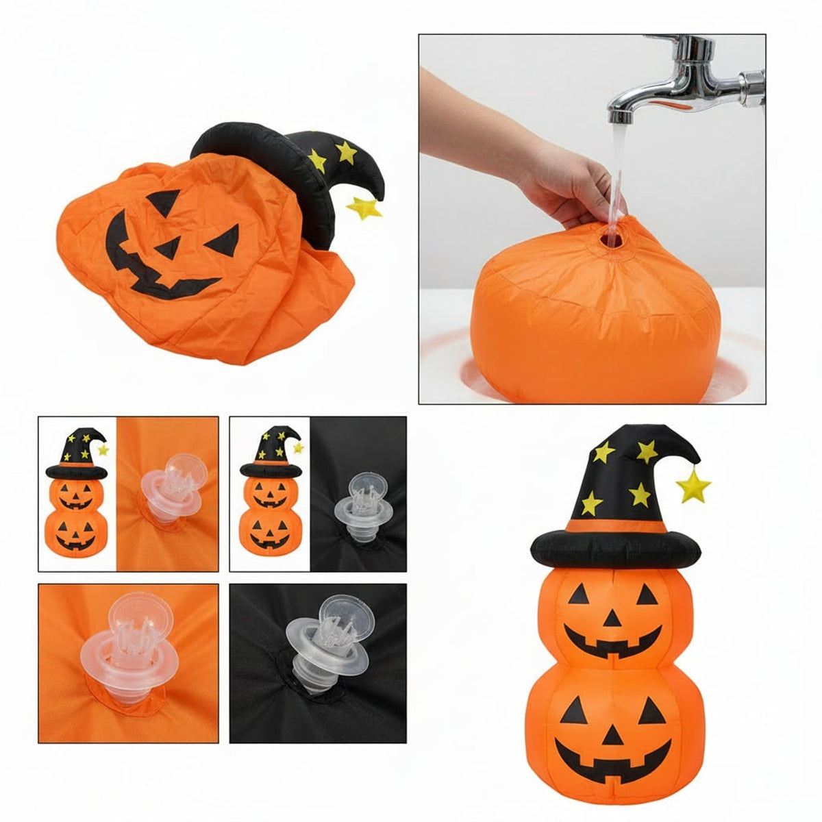 Inflatable Halloween Decoration Stacked Pumpkins With Witch Hat Orange Black Yellow Stars Outdoor Yard - Image 3