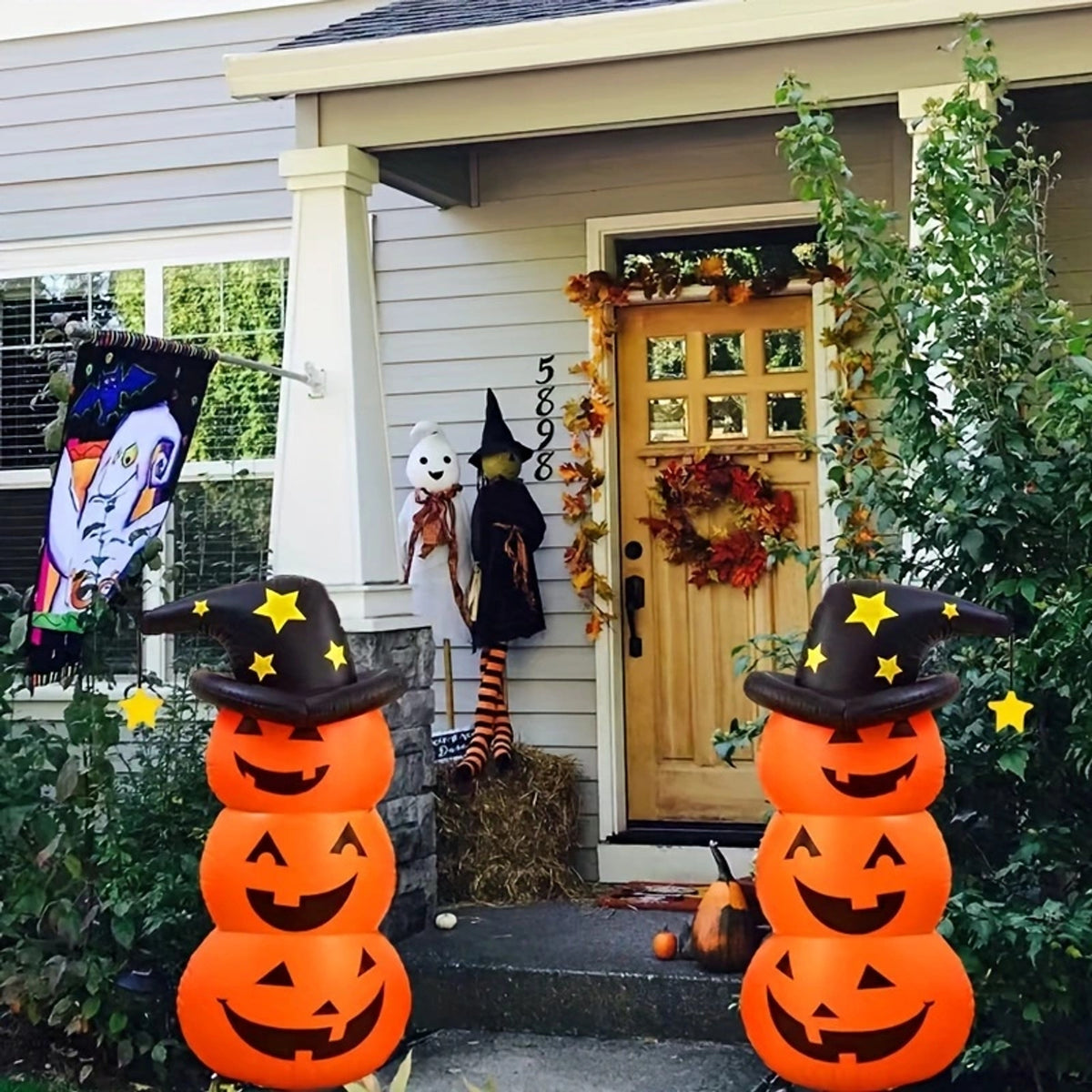 Inflatable Halloween Decoration Stacked Pumpkins With Witch Hat Orange Black Yellow Stars Outdoor Yard - Image 1