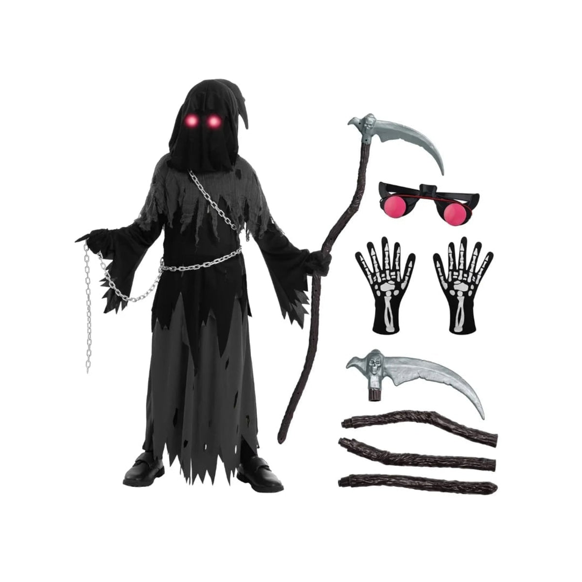 Kids Halloween Costume Grim Reaper Hooded Robe Set With Glowing Eyes And Complete Accessories - Image 3