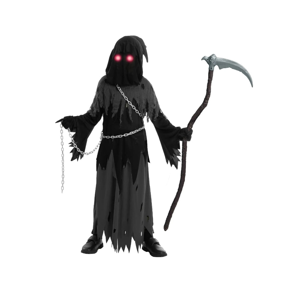 Kids Halloween Costume Grim Reaper Hooded Robe Set With Glowing Eyes And Complete Accessories - Image 6