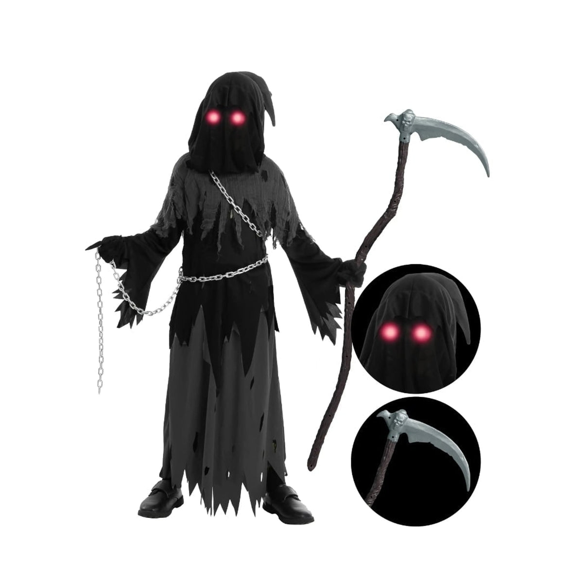 Kids Halloween Costume Grim Reaper Hooded Robe Set With Glowing Eyes And Complete Accessories - Image 5