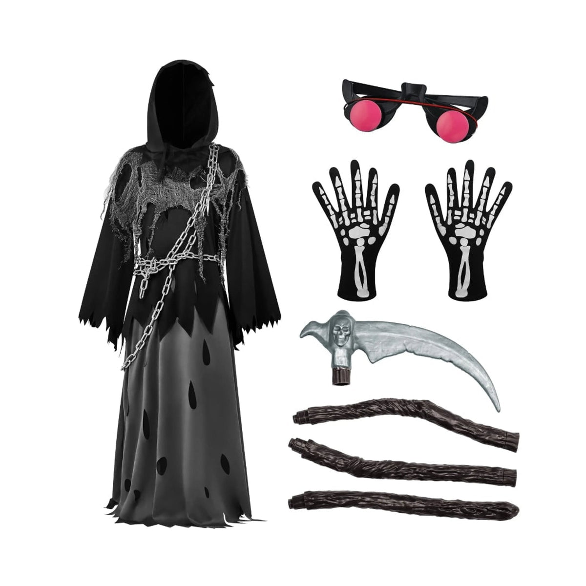 Kids Halloween Costume Grim Reaper Hooded Robe Set With Glowing Eyes And Complete Accessories - Image 7