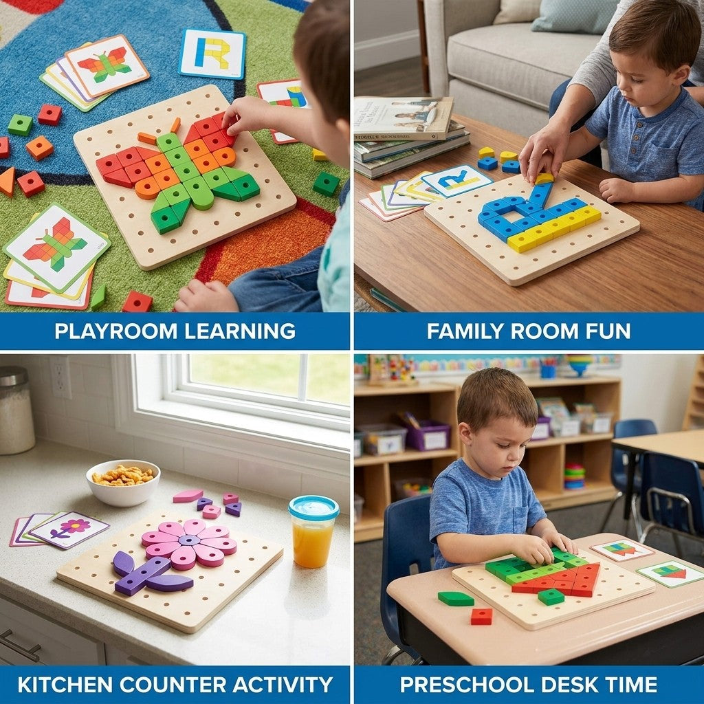 Jeu de construction Montessori en bois avec planche à chevilles, lettres et chiffres benefits