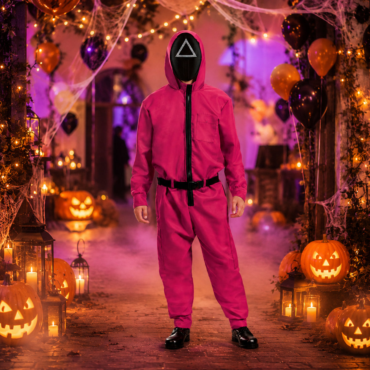 Pink Hooded Jumpsuit Costume With And Belt Halloween Party Costume - Image 1