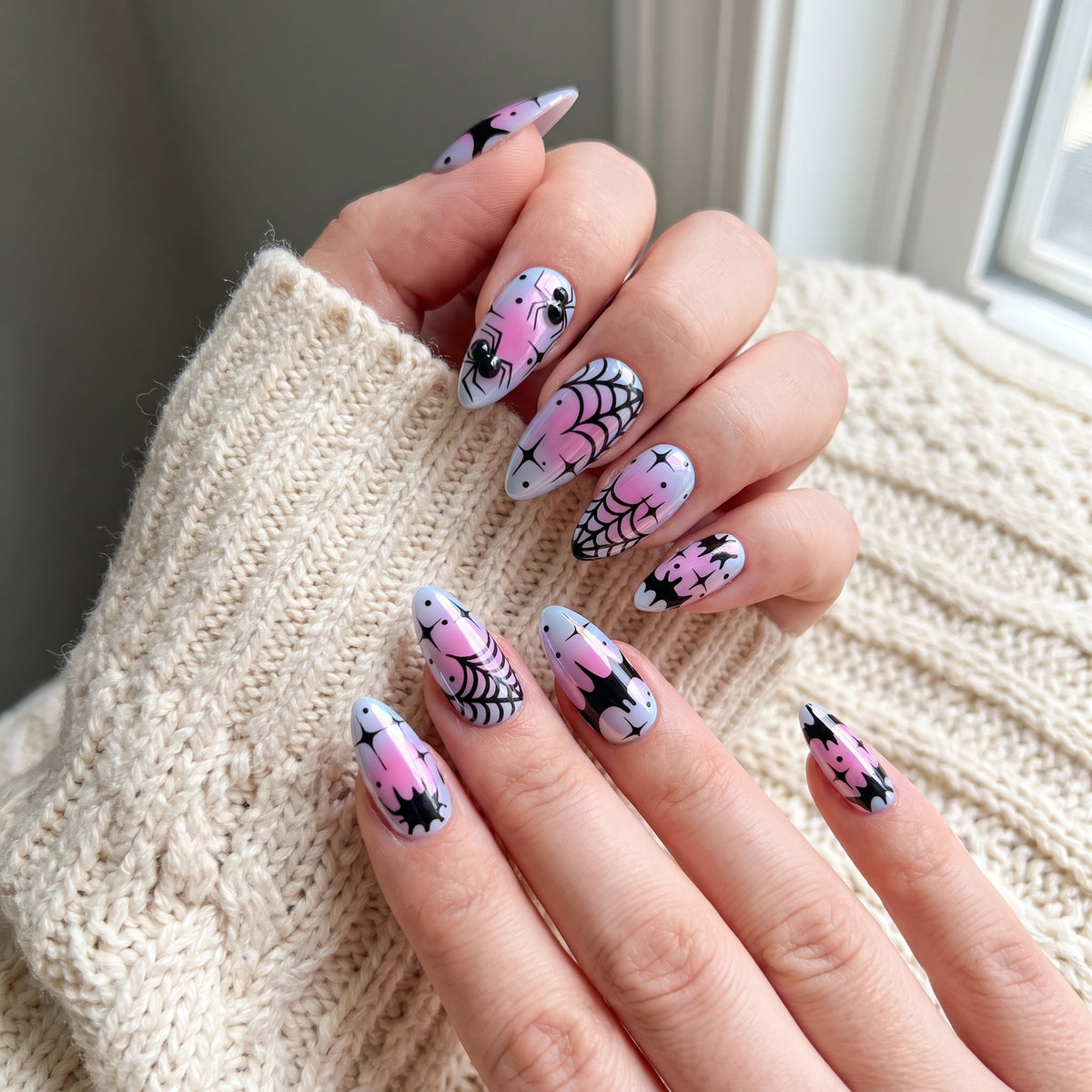 Halloween Press On Nails Art Fake With Bats Spiders And Spiderweb Designs - hero