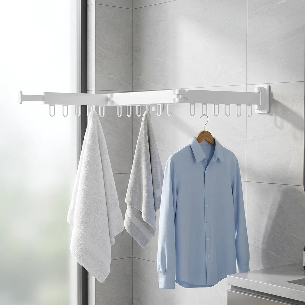 Retractable Drying Rack With Folding Wall-Mount Hanger Extends For Drying Space That Disappears When You're Done - Image 4