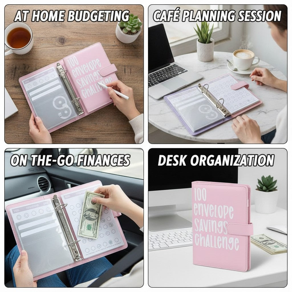 savings challenge binder shown in multiple settings
