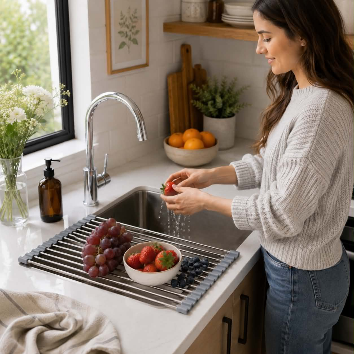 Stainless Steel Folding Drain Rack Expandable Sink Organizer For Space-Saving Kitchen Storage With Food-Safe Silicone Coating - Image 7