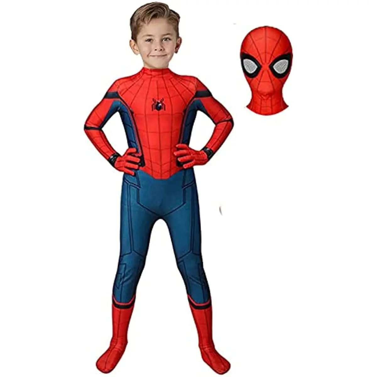 Superhero Costume Halloween Cosplay Jumpsuit With Mask Red Blue Web Pattern - Image 1