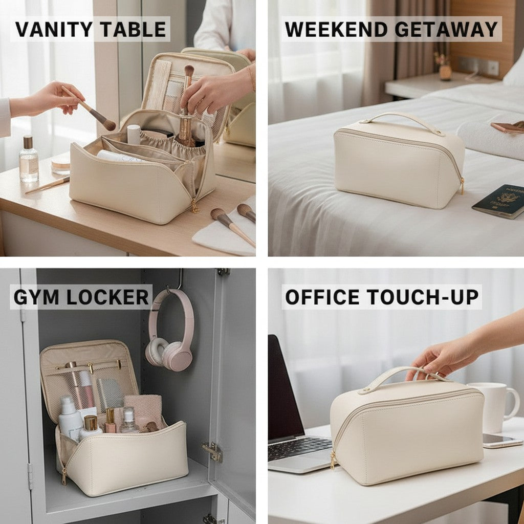 travel cosmetic bag shown in multiple settings