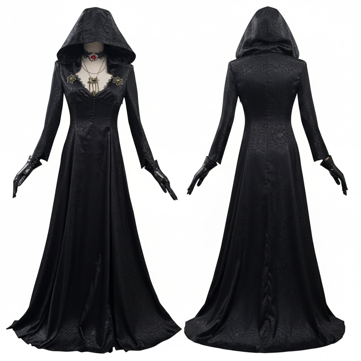 Vampire Costume With Hood Halloween Gothic Hooded Black Dress Floor-Length Ensemble With Gloves And Lace Choker Pendant - Image 2
